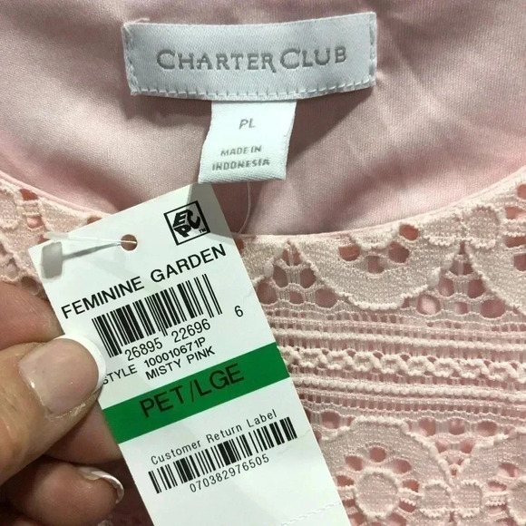 Charter Club Lace Overlay,scalloped hem & cuffs,lined long sleeve boatneck,blush - Picture 2 of 8